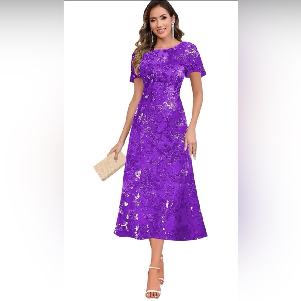 Mother of The Bride/Groom Sequin Crew Neck Midi Evening Dress Wedding Sz 6 NEW